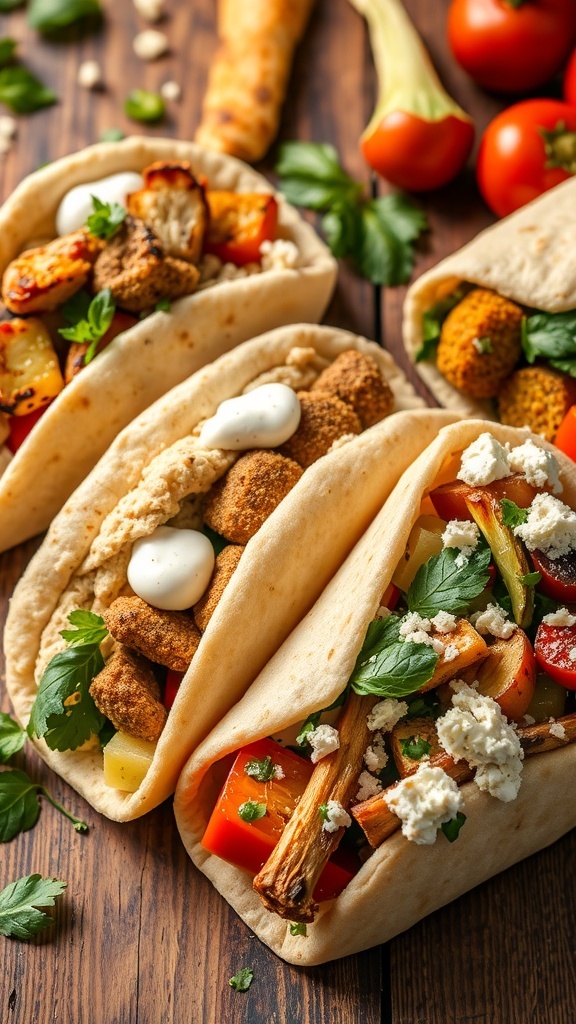 Delicious Pita Bread Filling Ideas An assortment of pita bread with fillings like grilled chicken, falafel, and roasted vegetables on a wooden table.